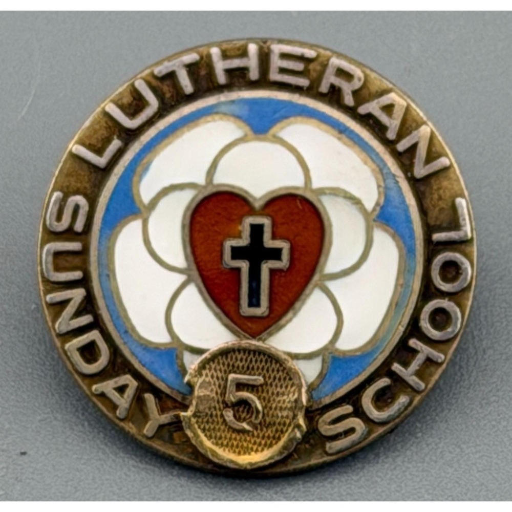 Vintage Religious Pin Sterling Silver Lutheran Sunday School 5 Year Pin 5/8"